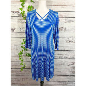 Chico's Dress size 10 12 2 Blue White Striped Jersey Knit A Line Stretch Beach